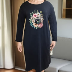 Floral Camera Graphic Long Sleeve Tee Dress
