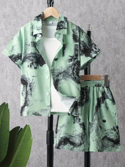 2pcs Boys Ink Painting Graphic Pocket Short Sleeve Shirt & Shorts Set