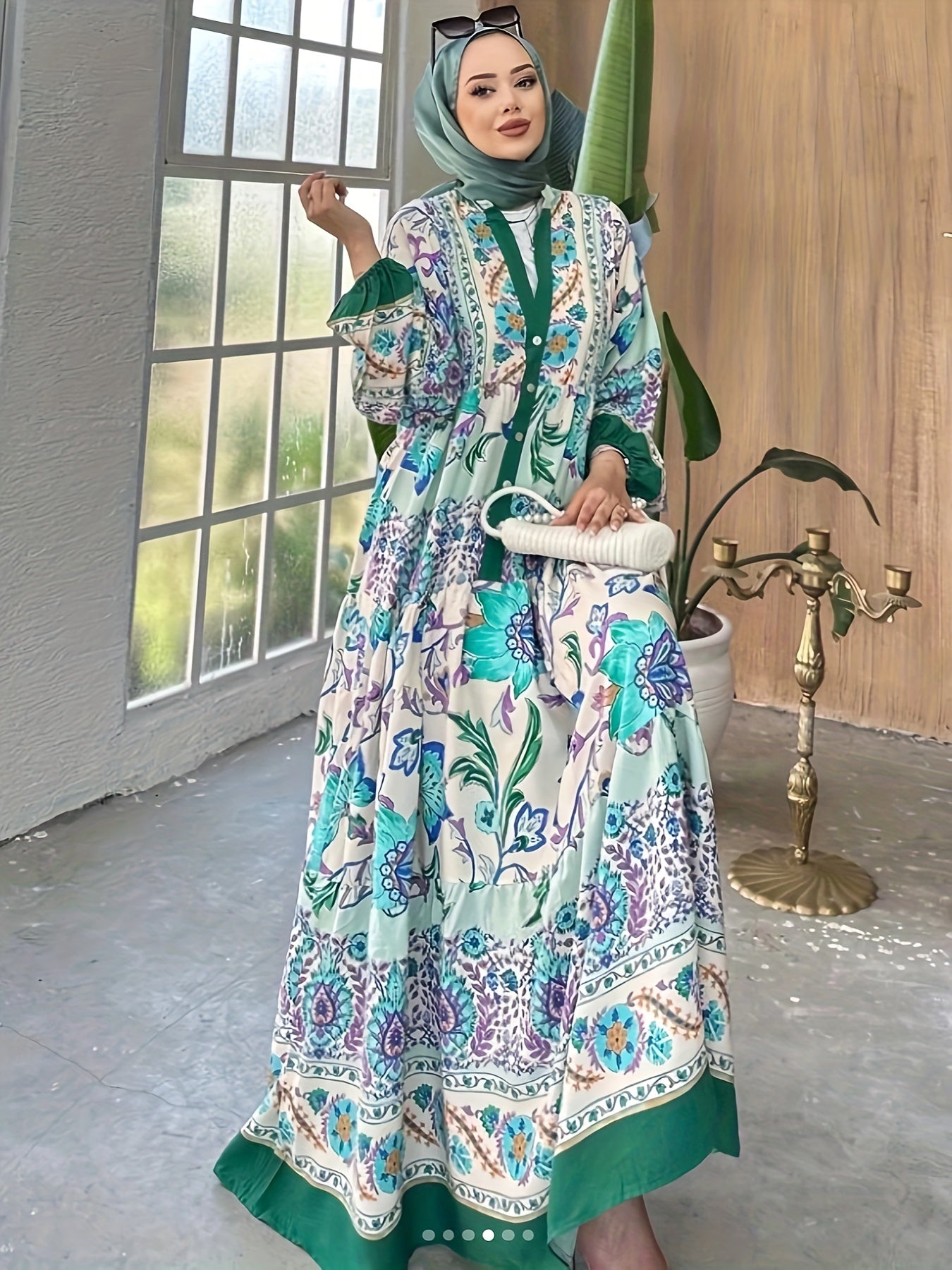 Abaya Dress Women's Plus Floral Print Lantern Sleeve Button Up