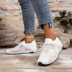 Women's Flower Pattern Knit Sock Sneakers Lace Up Shoes