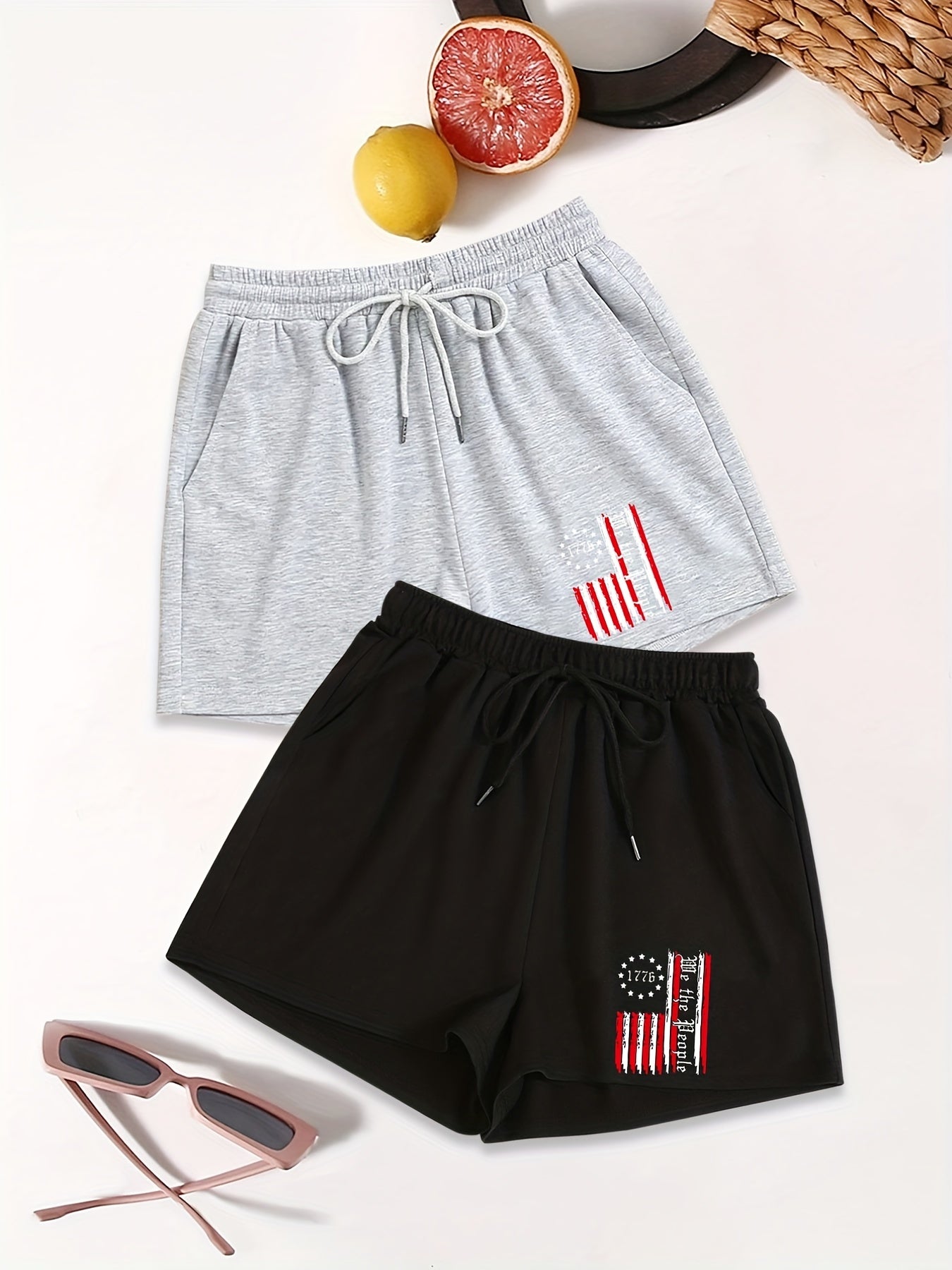 Flag & Number Print Shorts 2 Pack for Summer Women's Clothing