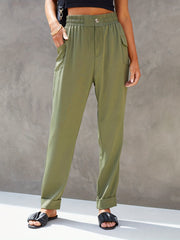 Elastic Waist Button Decor Pants Casual Solid Flap Pockets Pants