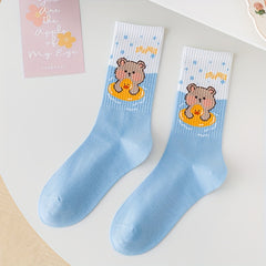 3 Pairs Bear & Heart Print Socks Comfy Women's Stockings