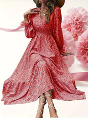 Polka Dot Long Sleeve Pleated Dress