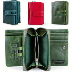 Vintage Leather Wallet for Women Trifold Teal Red