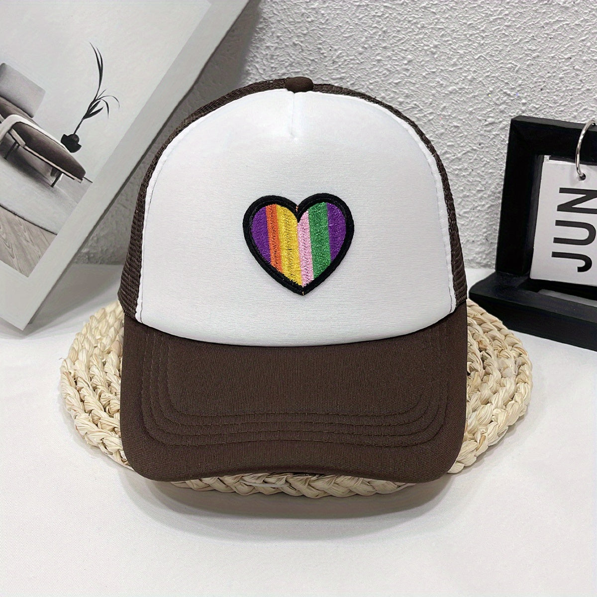 Striped Heart Embroidered Baseball Cap Trucker Hat Mesh Sun Hats Women