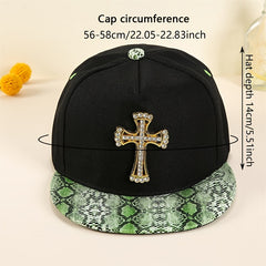 Rhinestone Cross Patch Snapback Hat Green Snake Pattern Sun