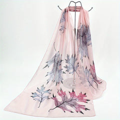 Maple Leaf Print Chiffon Scarf Silk Shawl Casual Windproof Head Wrap