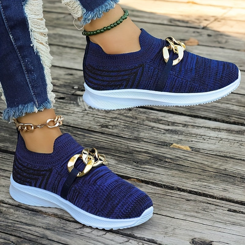 Woven Slip-On Sneakers with Chain Decor Women's Casual Shoes