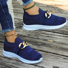 Woven Slip-On Sneakers with Chain Decor Women's Casual Shoes