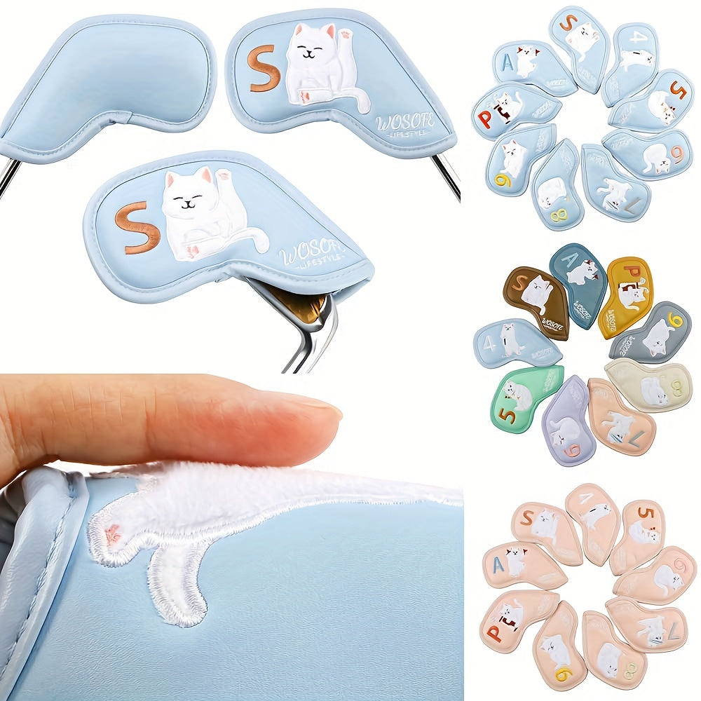 9pcs Plush Cat Golf Iron Head Cover Set - PU Waterproof Material