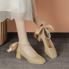 Chunky Heeled Dress Shoes Square Toe Faux Pearl Ankle Strap Mid Heels