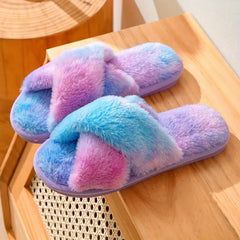 Women's Tie Dye Plush House Slippers Warm Open Toe Slip On Shoes