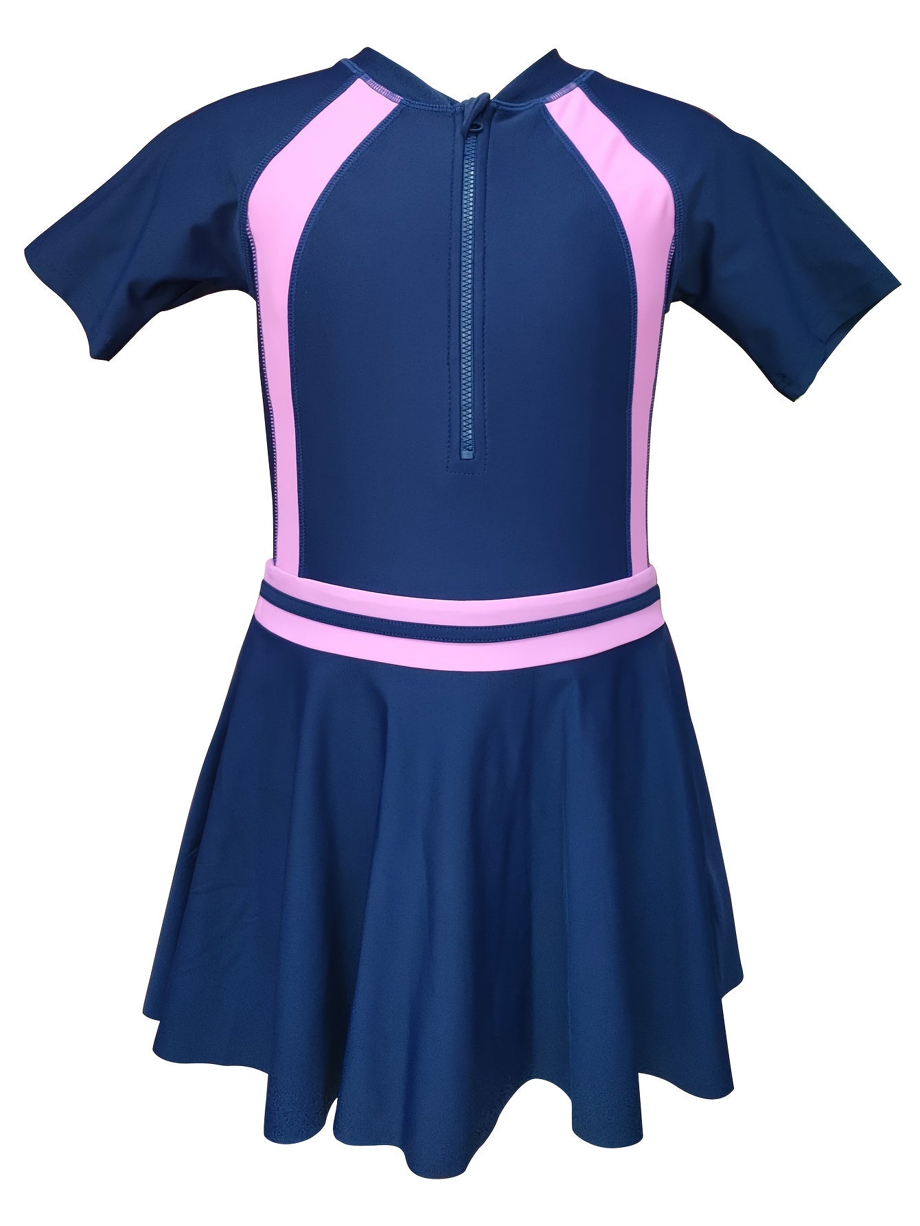 Girls Splicing Short Sleeve Zip Swimwear
