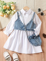 Girls' 3pcs Autumn Denim Vest Shirt Dress Set