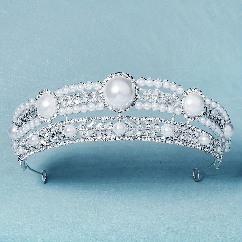Crown Charm Hair Band Rhinestone & Pearl Headband for Bridal Wedding