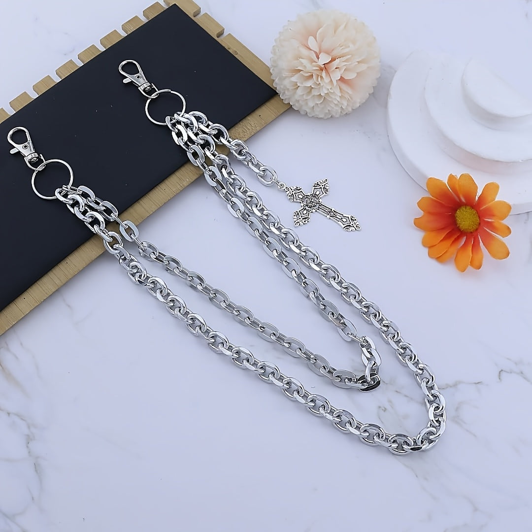 Punk Layered Pants Chain Silvery Heart Cross Rivet Tassel Wallet Chains