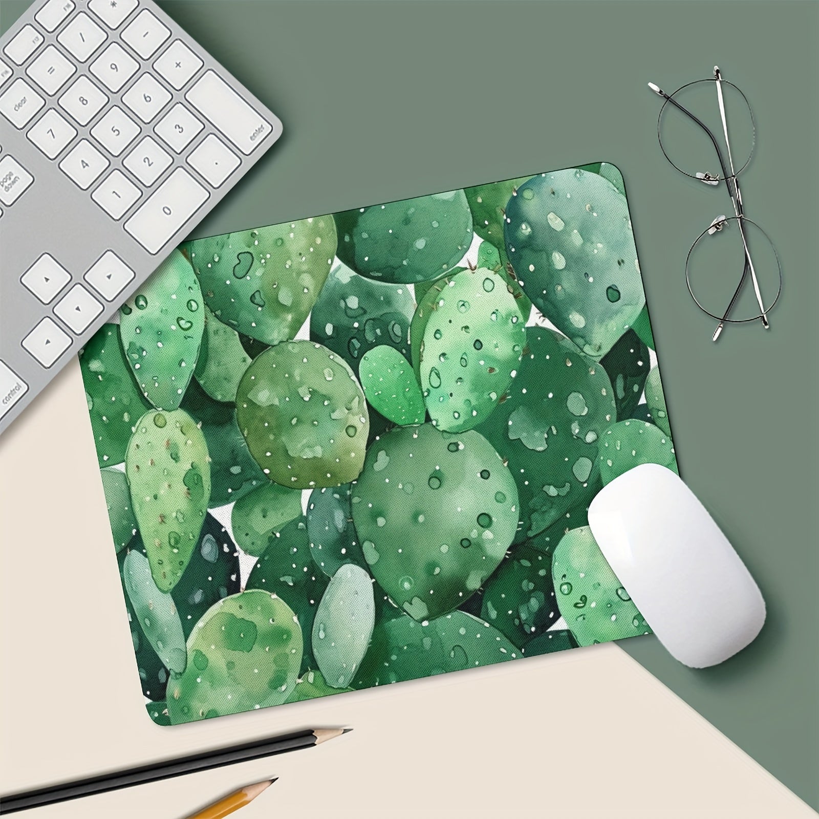 Watercolor Cactus Print Mouse Pad Succulent Olive Green Botanical