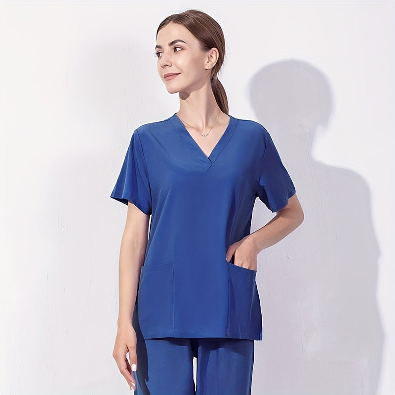 Zipper Pocket Front Scrub Tops Short Sleeve Work Tops For Nurse Women