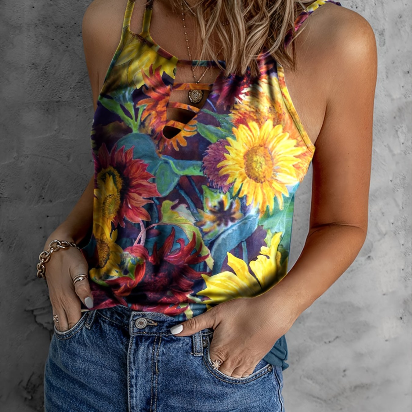 Sunflower Print Spaghetti Tank Top Hollow Summer Loose Crew Neck Tank Top
