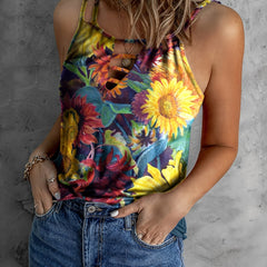 Sunflower Print Spaghetti Tank Top Hollow Summer Loose Crew Neck Tank Top
