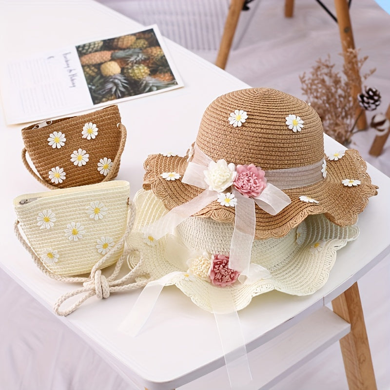 Child's Straw Hat Summer Sunshade Big Brim Straw Hat Bag Two Piece Outing