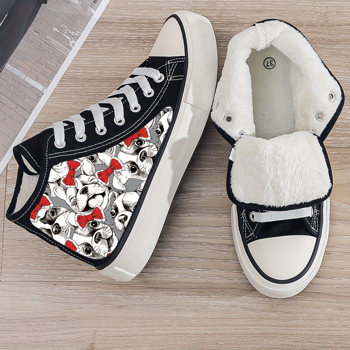 Puppy Print Plush Lined Chunky Sneakers Fall Winter Warm