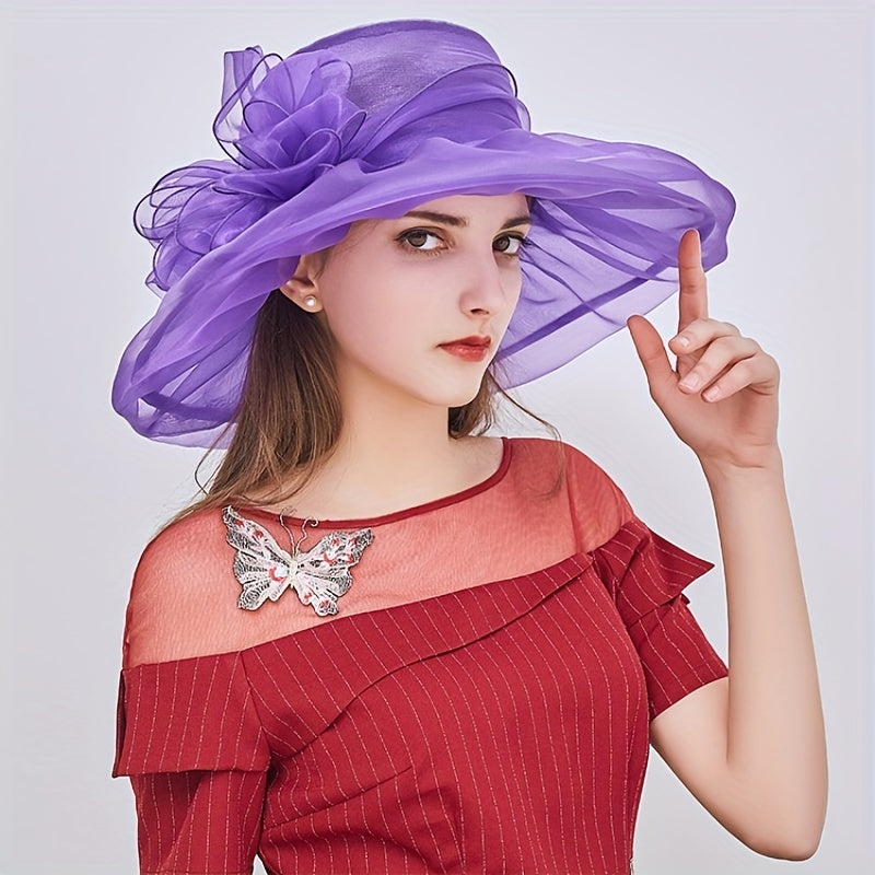 Organza Sun Hat Wide Brim Lace Derby Hat With Detachable Flower