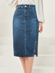 Solid High Rise Midi Denim Skirt
