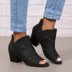 Chunky Heeled Sandals Peep Toe Hollow Out Back Zipper Mid Heels