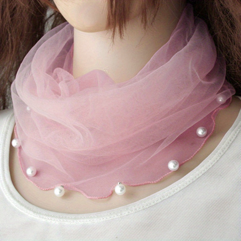 Faux Pearl Ruffle Scarf Gauze Neck Warmer Infinity Loop Scarf