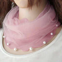 Faux Pearl Ruffle Scarf Gauze Neck Warmer Infinity Loop Scarf