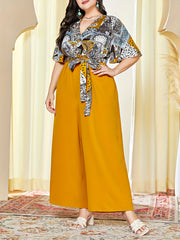 Boho Jumpsuit Colorblock Scarf Print Flutter Sleeve Surplice Neck Belt