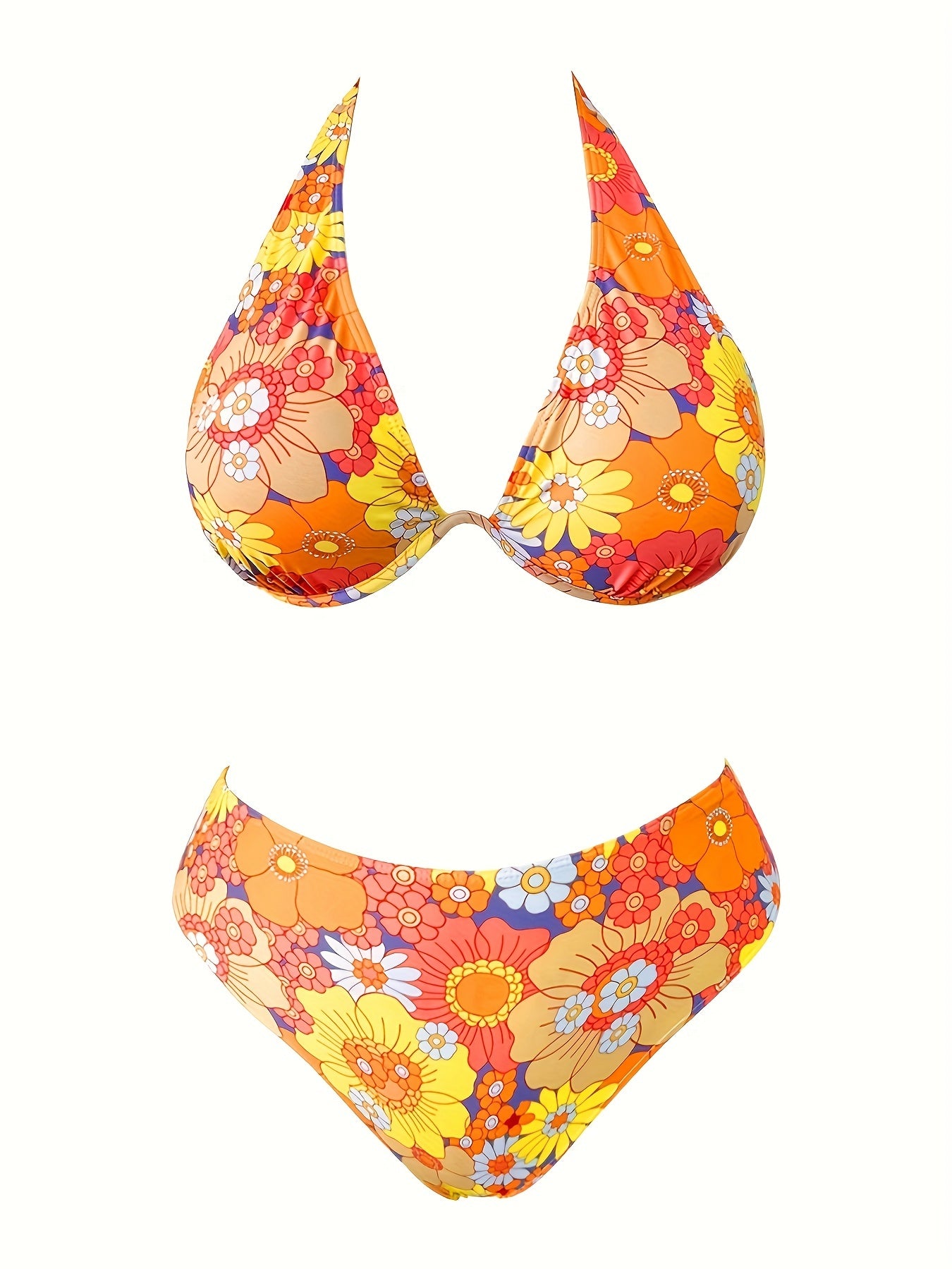 Floral Print Backless Halter Bikini Set Plus Size