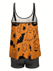 Halloween Tankini Set Women's Plus Ghost & Pumpkin Print Swimwear
