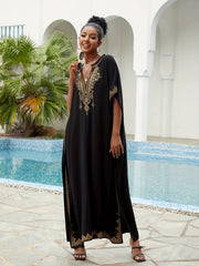 Boho Kaftan Dress Women's Plus Golden Embroidered Bat Sleeve