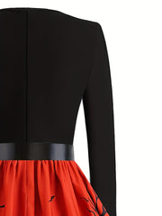 Plus Size Gothic Halloween Dress Colorblock Pumpkin Print Swing Party Dress