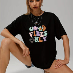 Smiling Face & Cartoon Flower & Letter Print T shirts Short Sleeve O neck