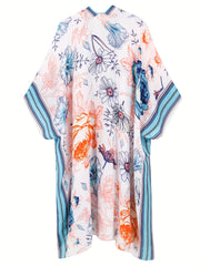 Casual Cover Up Floral & Stripe Print Bat Sleeve Kimono Shawl