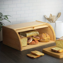 Large Natural Bamboo Roll Top Bread Box For Kitchen Countertop