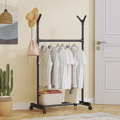 Double Pole Coat Rack With Pulley 2 Layer Clothes Rack Standing Coat Rack