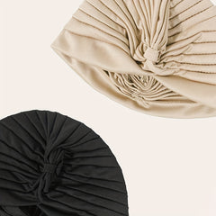 2pcs Beige Turban Cap BowKnot Pleated Head Wraps Elastic Ramadan Head Scarf