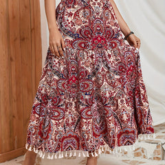 Ethnic Print Tassel Decor Skirt Elastic Waist Swing Skirt