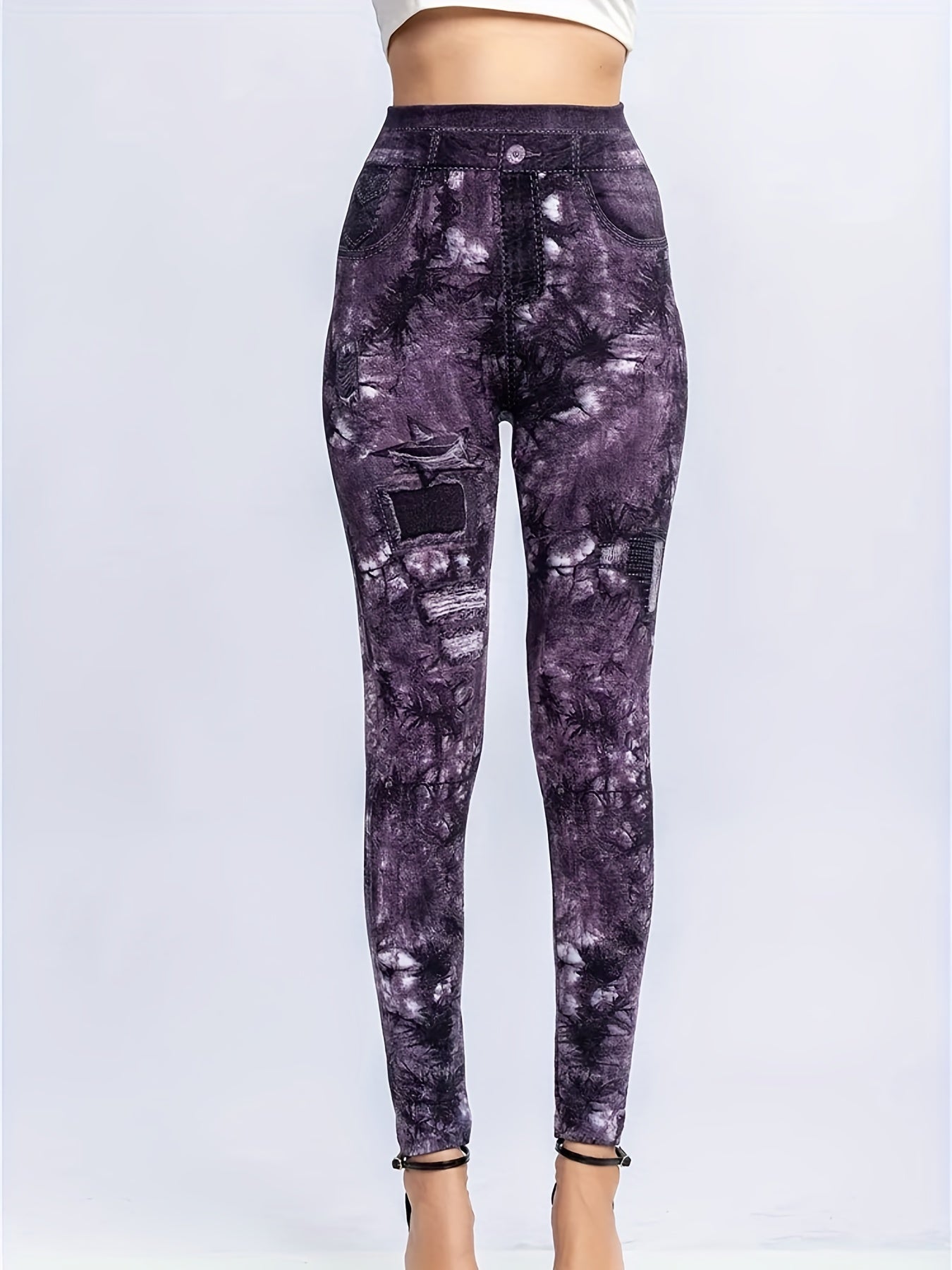 Denim Print High Waist Jeggings Slim Stretchy Casual Leggings Women