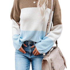 Women's Casual Crew Neck Block Long Sleeve Loose Knit Sweater