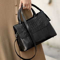 Vintage Crocodile Pattern Leather Boston Bag Adjustable Strap H