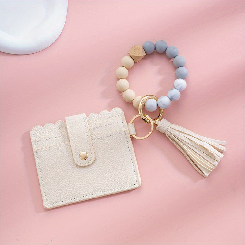 Men's Silicone Bead Bracelet Card Holder with Tassel Keychain