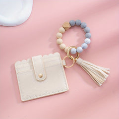 Men's Silicone Bead Bracelet Card Holder with Tassel Keychain