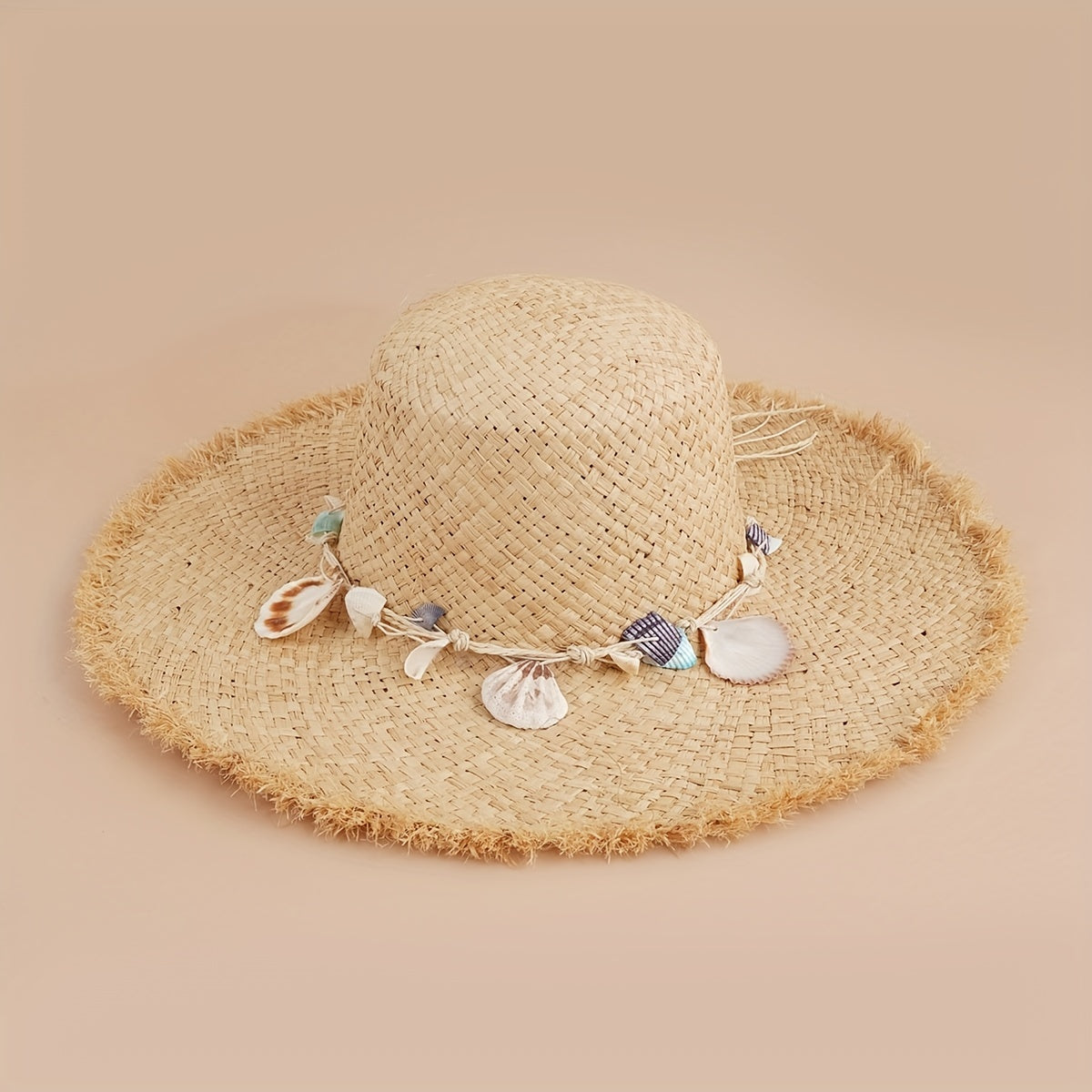 Frayed Brim Sun Hat with Shell Chain Decor - Summer Straw Hat