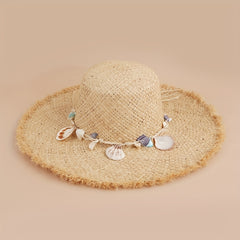 Frayed Brim Sun Hat with Shell Chain Decor - Summer Straw Hat
